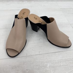 NIC+ZOE Kennedy Mule Women 8 M Tan Black Leather Peep Toe Block Heel Neutral NEW